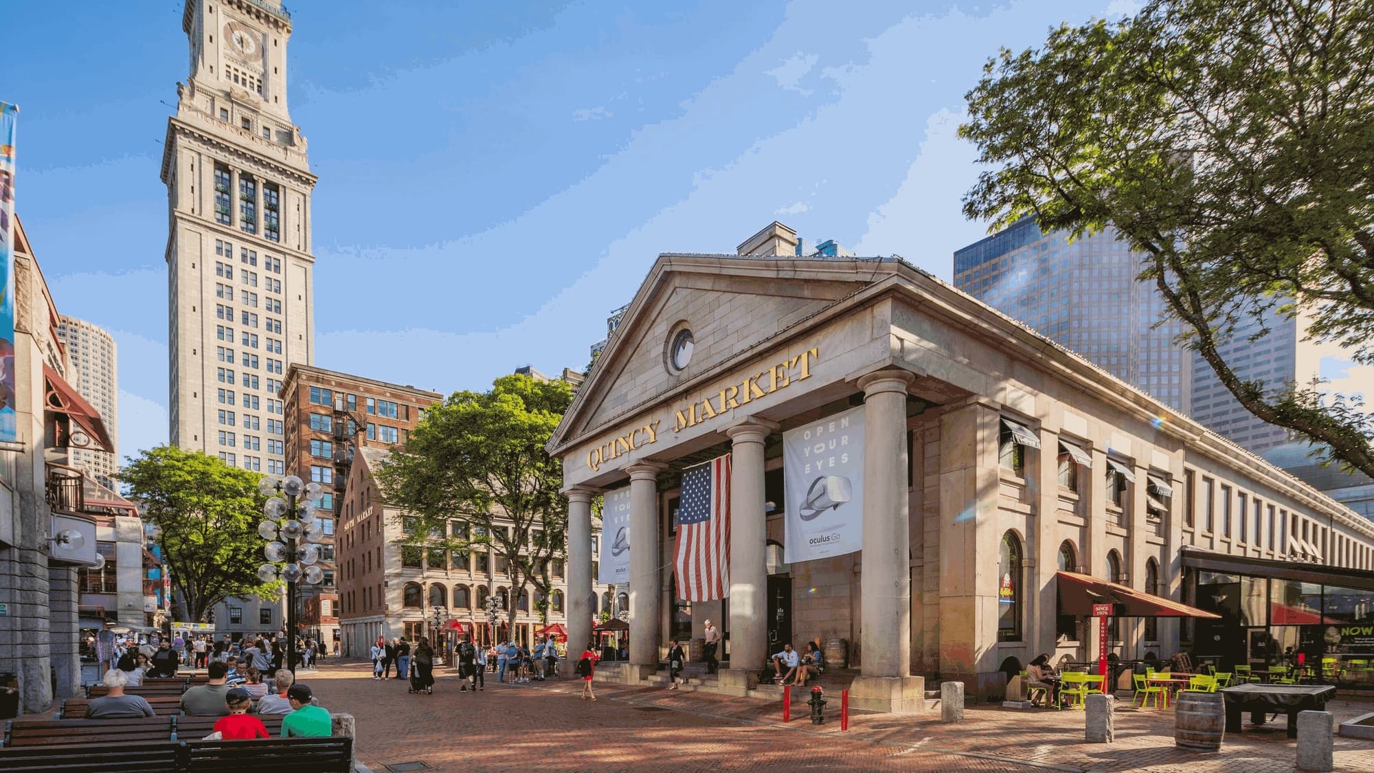 Quincy Market and the Custom House Tower on a sunny afternoon in downtown Boston